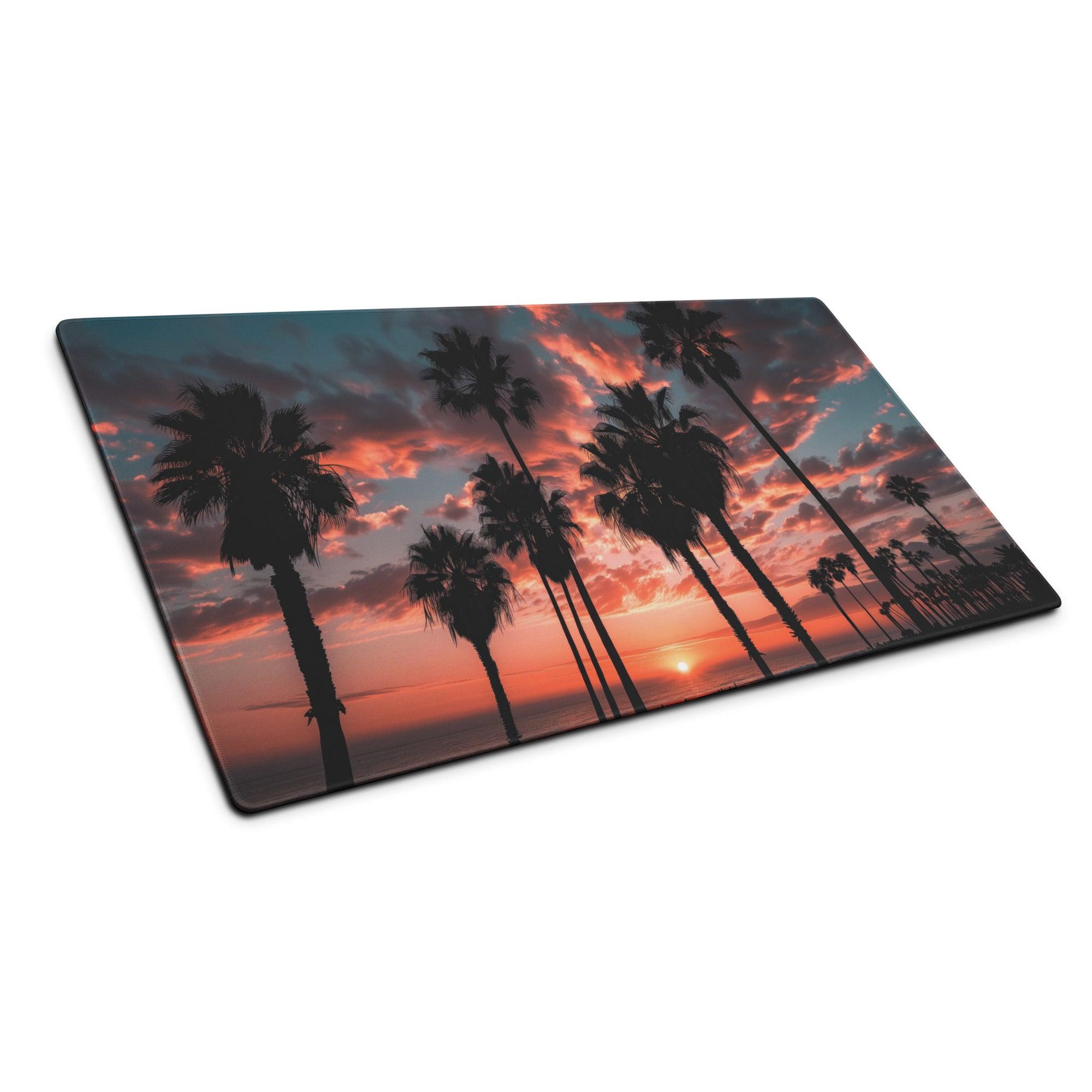 Vibrant sunset palm landscape rectangular gaming mouse pad, non-slip backing