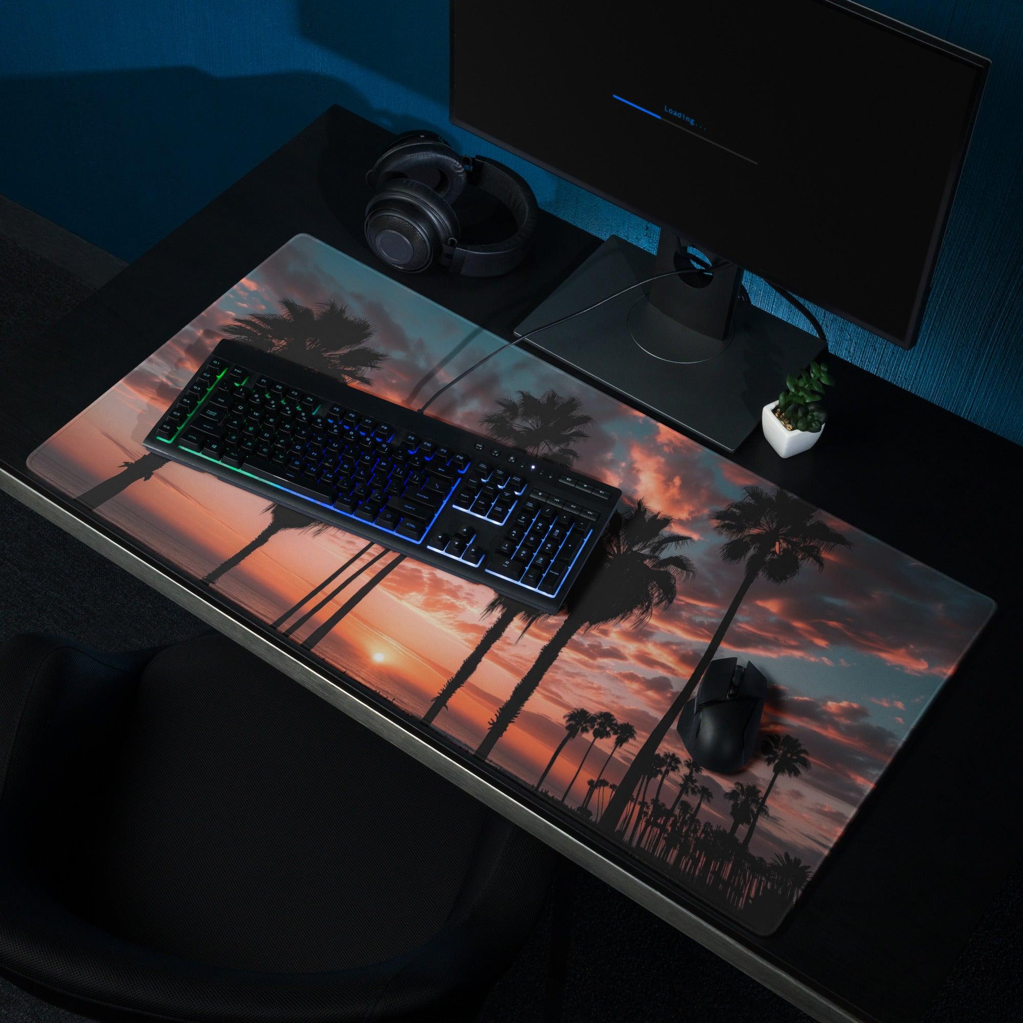 Vibrant sunset palm landscape gaming mouse pad with non-slip backing