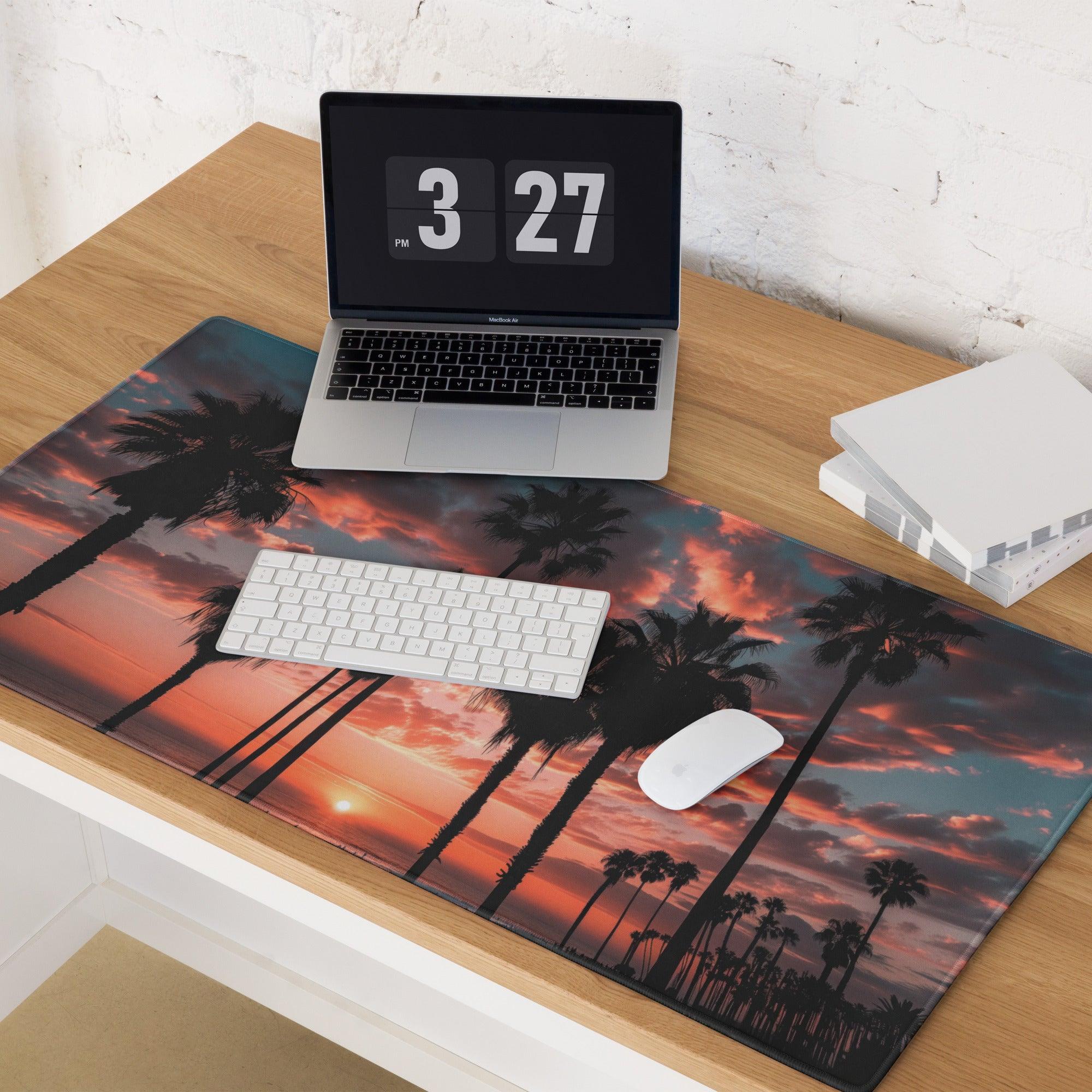 Vibrant sunset palm landscape gaming mouse pad with non-slip backing