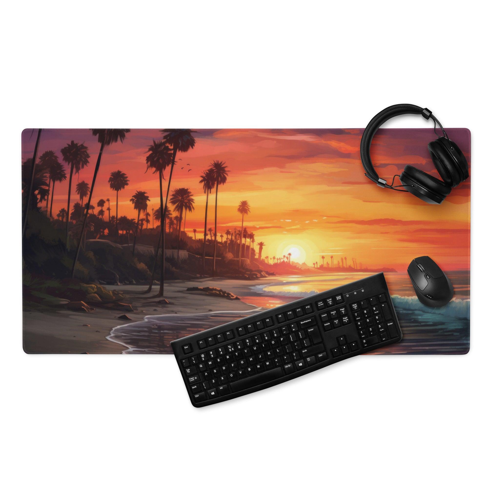 Large sunset beach palm tree gaming mouse pad with non-slip edge stitching