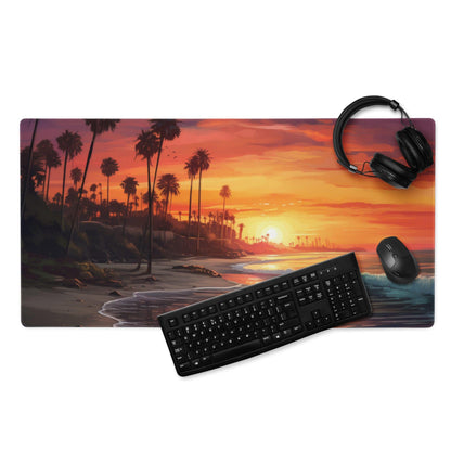 Large sunset beach palm tree gaming mouse pad with non-slip edge stitching