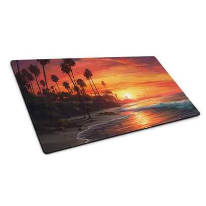 Large sunset beach palm tree gaming mouse pad with waves and orange skies