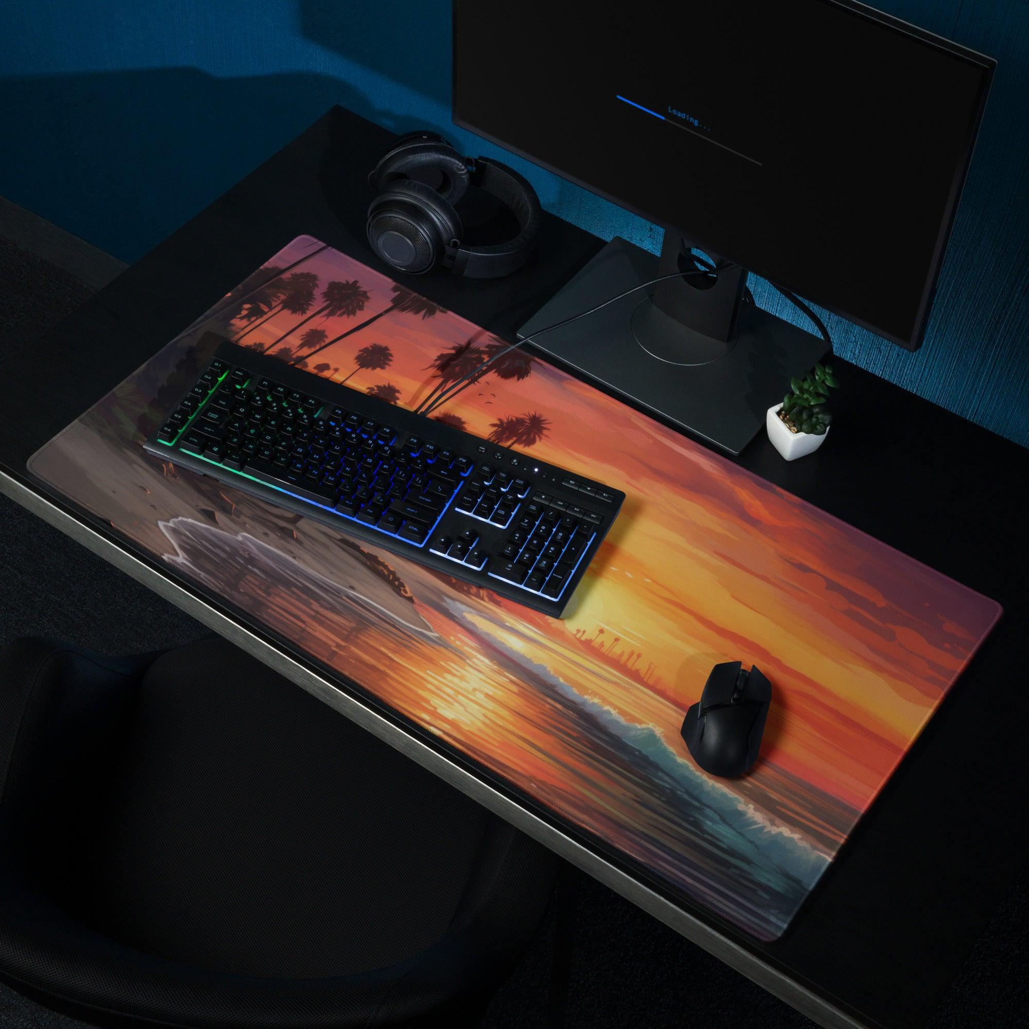 Large Sunset Beach Palm Tree Gaming Mouse Pad with Non-Slip Edge Stitching