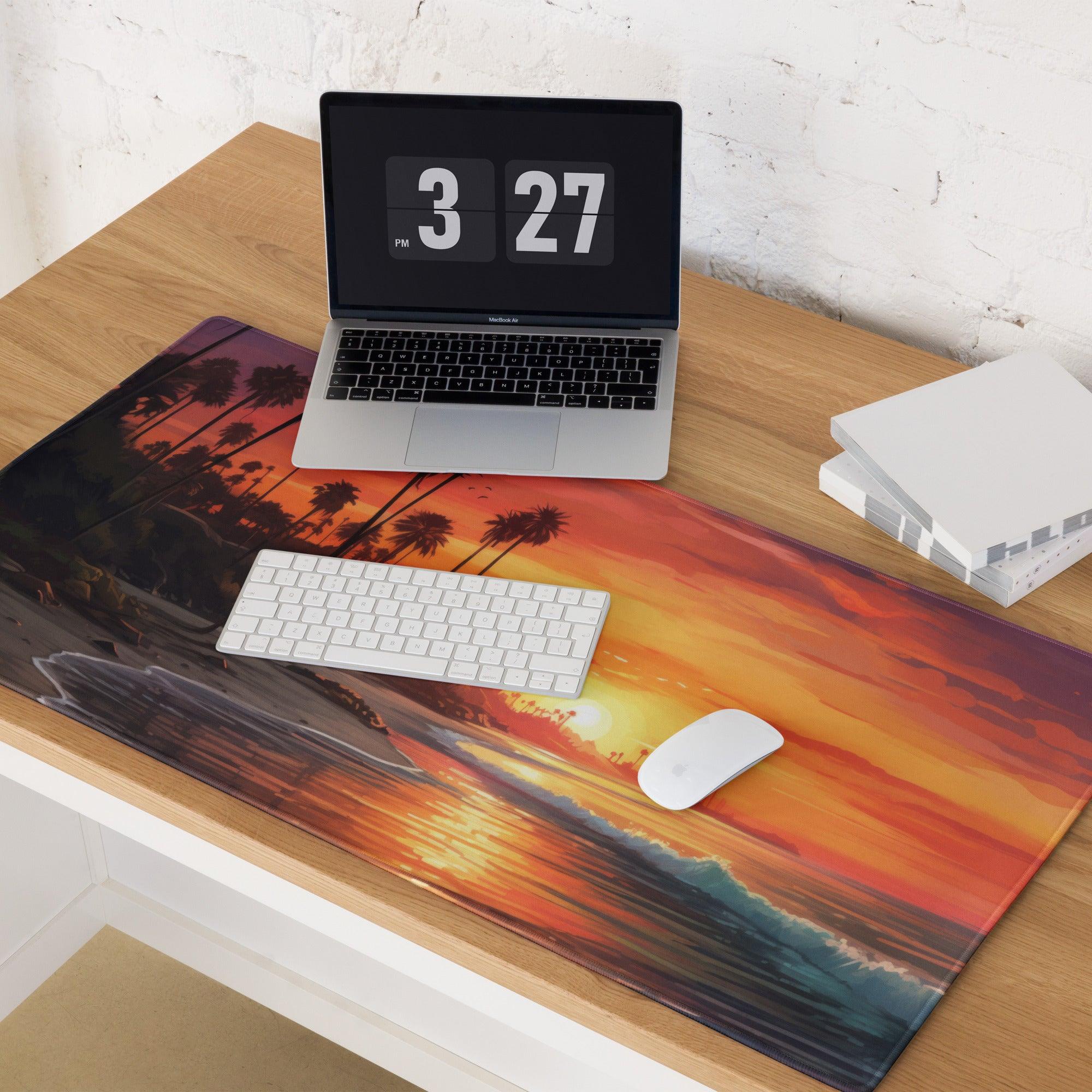 Vibrant sunset beach palm tree mouse pad with waves, non-slip stitching