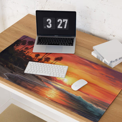 Vibrant sunset beach palm tree mouse pad with waves, non-slip stitching