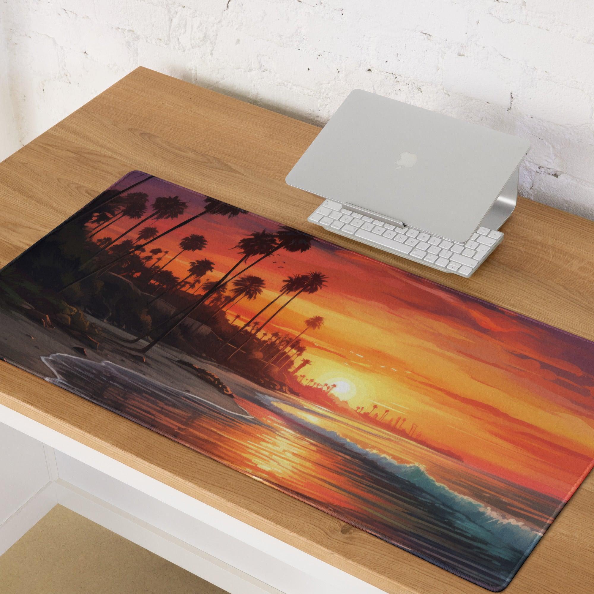 Vibrant sunset beach palm tree mouse pad with waves, large non-slip gaming design