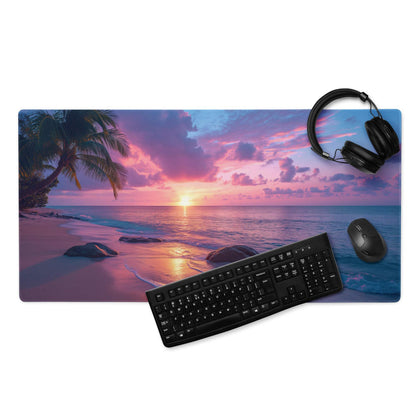 Vibrant sunset beach gaming mouse pad with pink purple sky, palms, waves, non-slip base