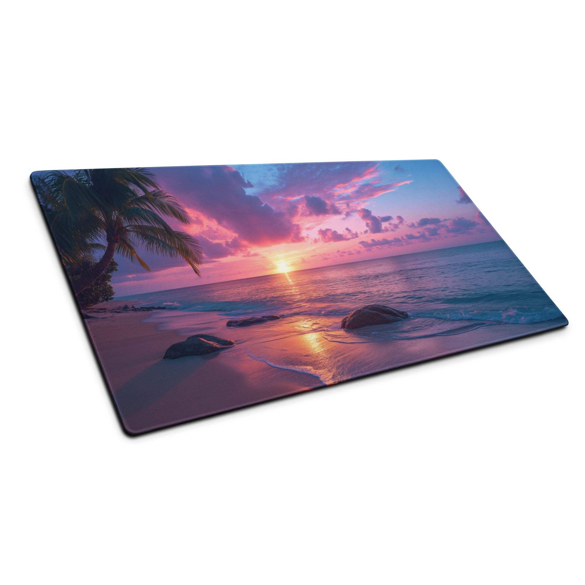 Vibrant pink purple sunset beach scene on large gaming mouse pad