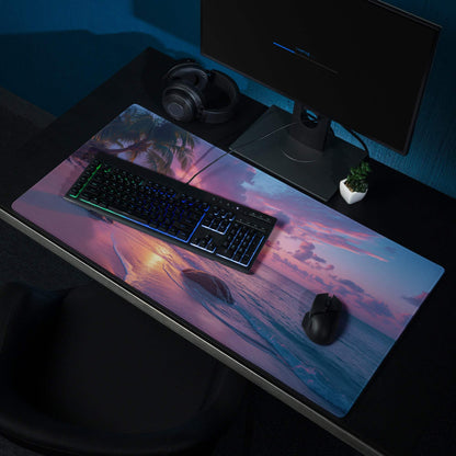 Vibrant sunset beach gaming mouse pad with palm trees, waves, non-slip base