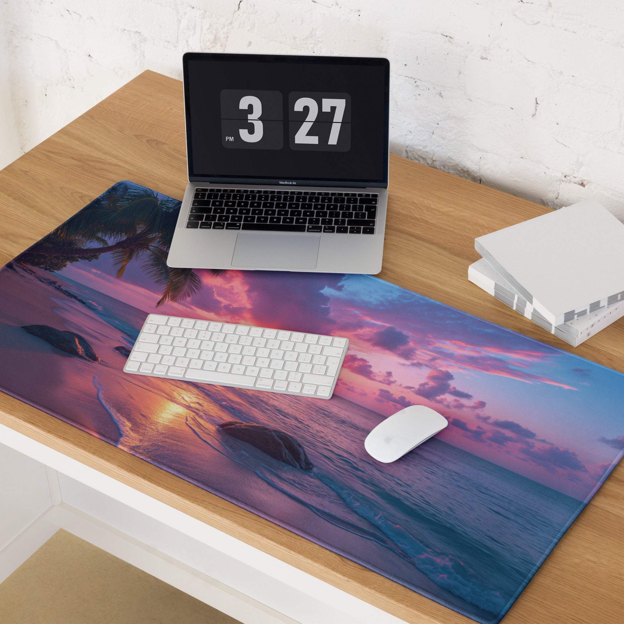 Vibrant sunset beach gaming mouse pad with palm trees, ocean waves, non-slip base