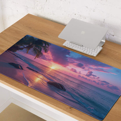 Vibrant sunset beach gaming mouse pad with palm trees, waves, glossy finish, non-slip base