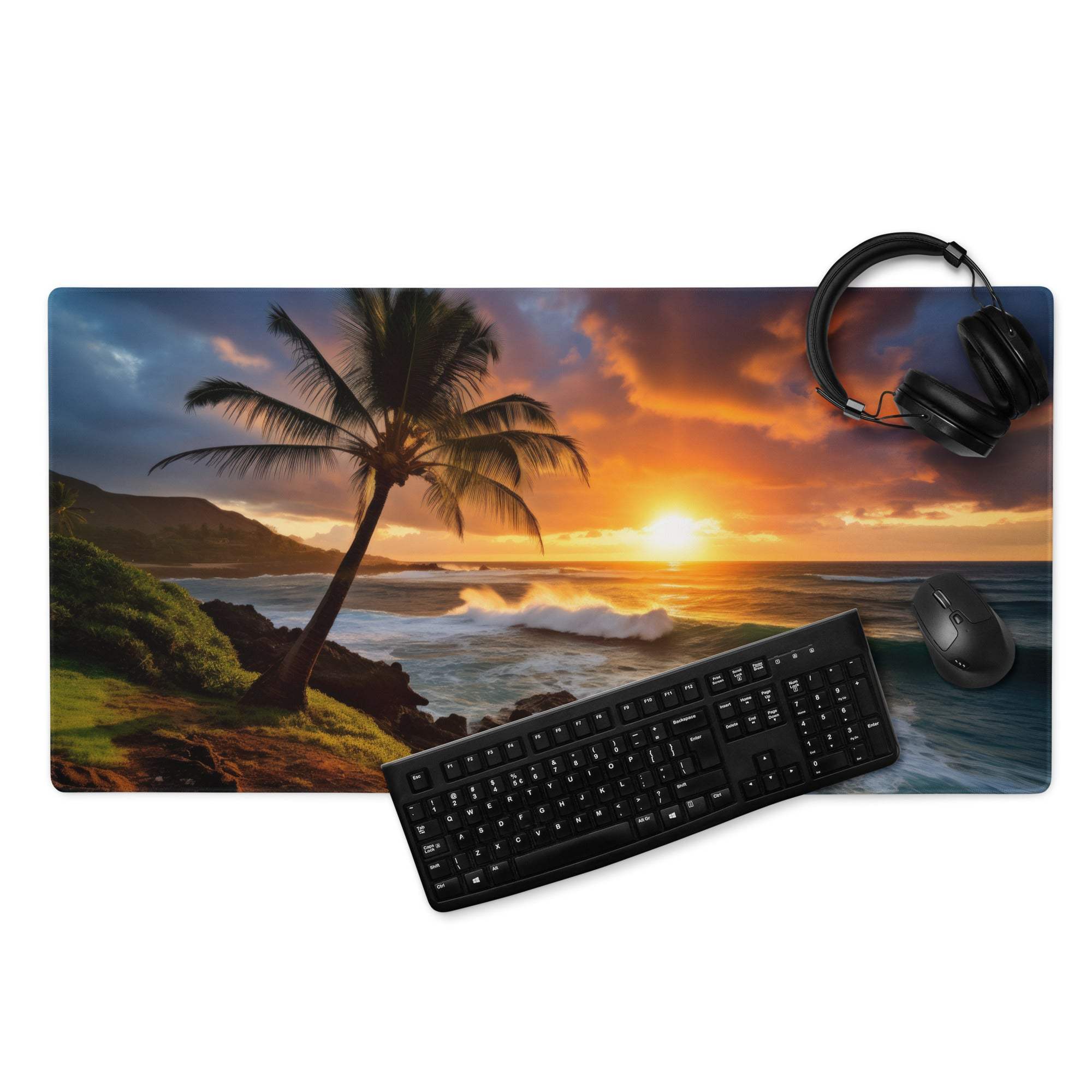 Vibrant sunset ocean view palm tree gaming mouse pad with non-slip backing
