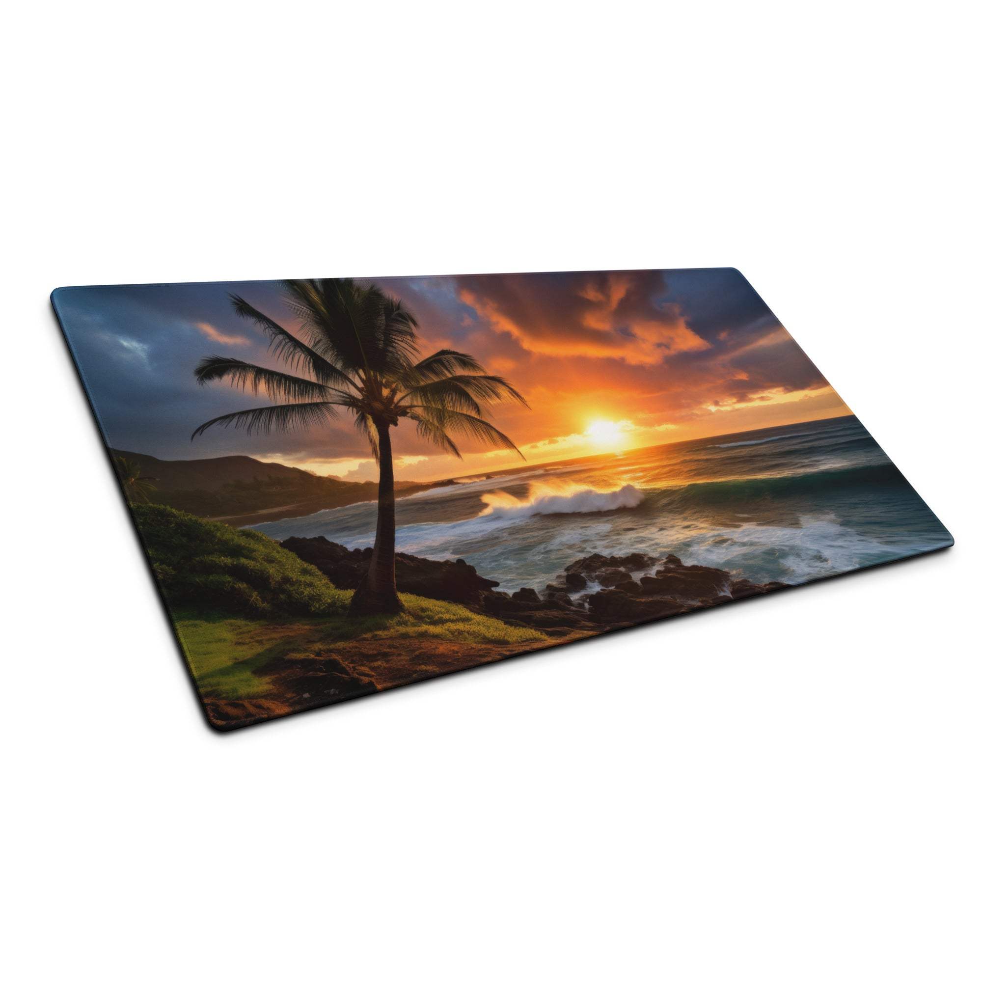 Vibrant sunset ocean view palm tree rectangular glass cutting board