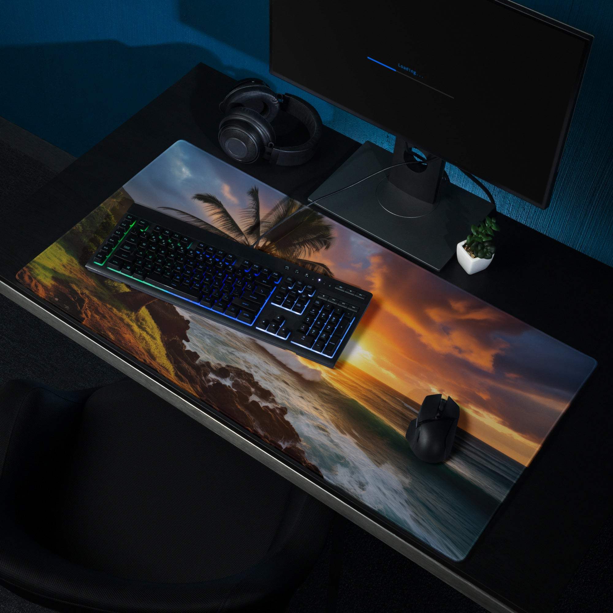 Vibrant sunset ocean view palm tree gaming mouse pad with non-slip backing