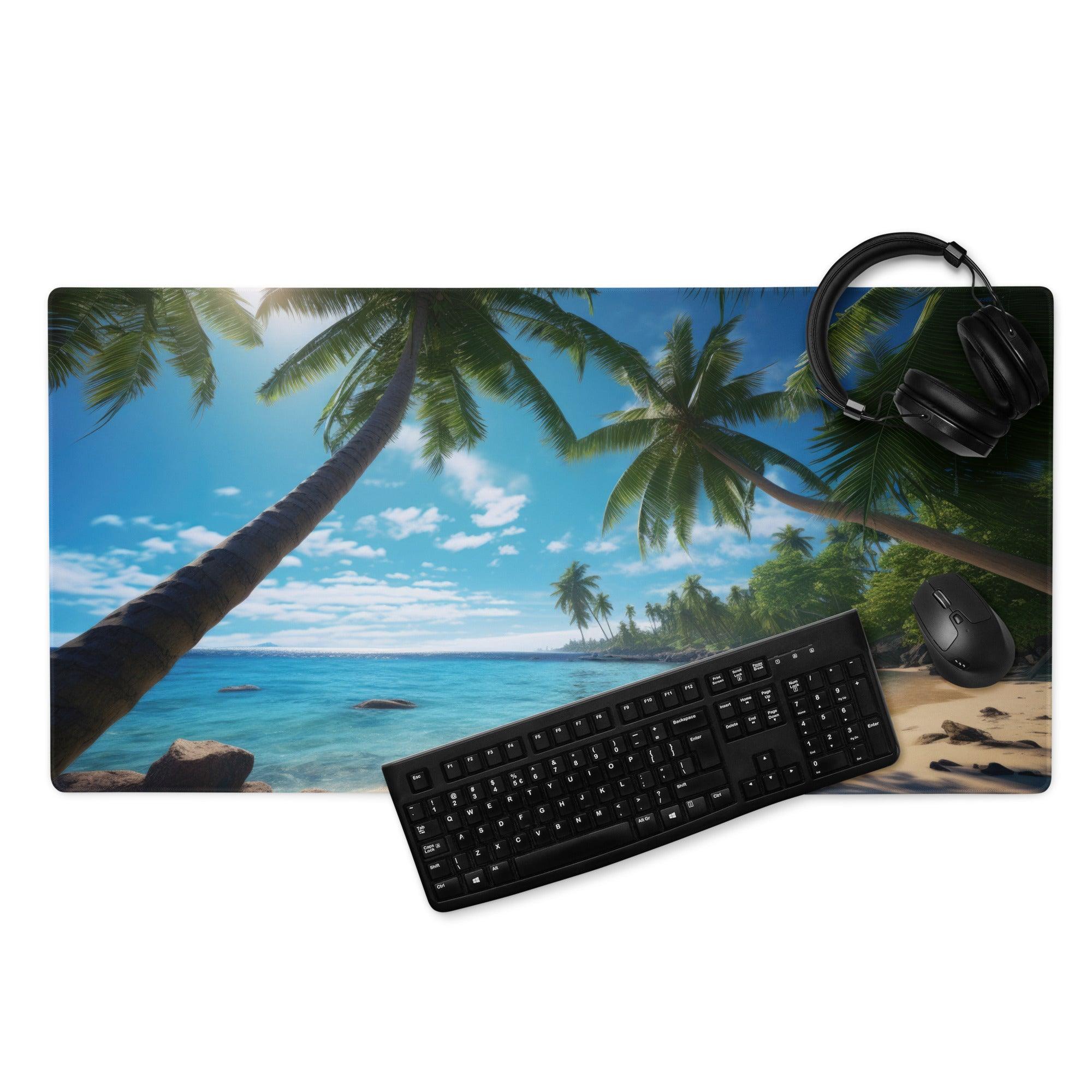 Vibrant tropical beach gaming mouse pad with palm trees and turquoise water