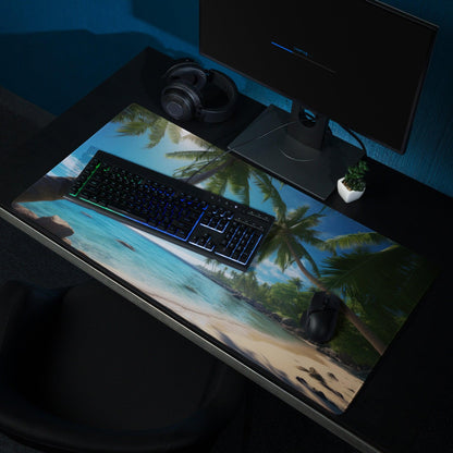 Vibrant tropical beach gaming mouse pad with turquoise water and palm trees