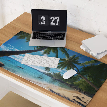 Vibrant tropical beach gaming mouse pad with turquoise water and palm trees