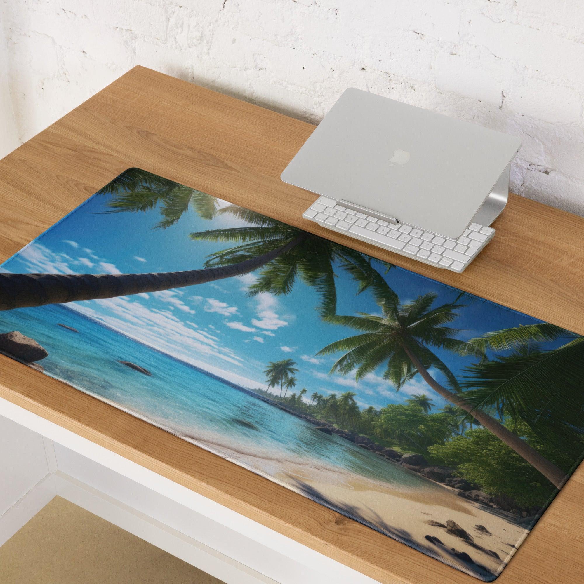Vibrant beige blue tropical beach gaming mouse pad with non-slip base