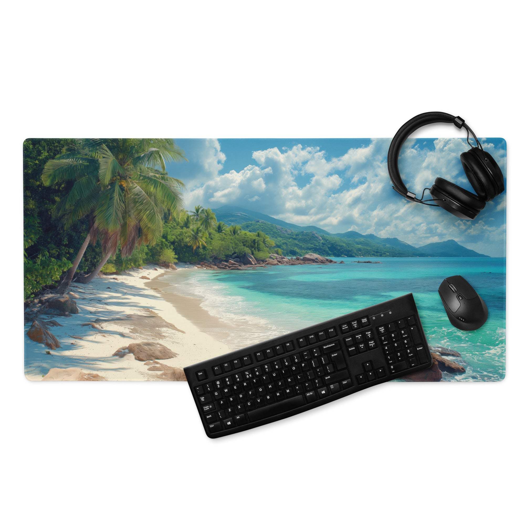 Tropical beach gaming mouse pad with palm trees, turquoise water, non-slip base