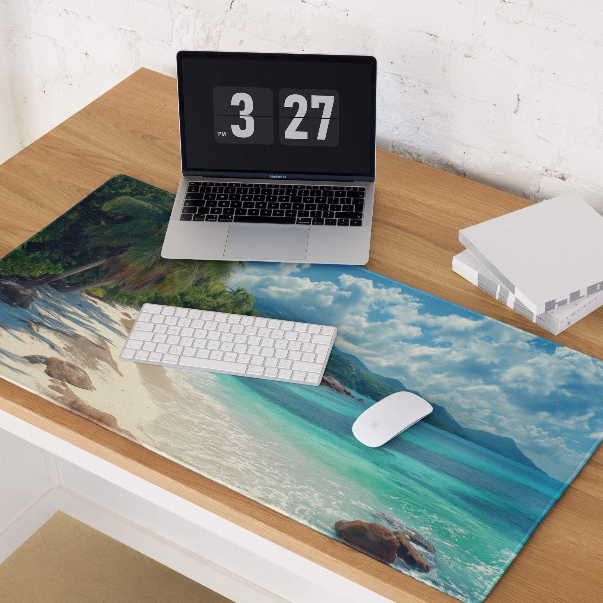 Tropical beach gaming mouse pad with turquoise ocean, sand, hills, non-slip base