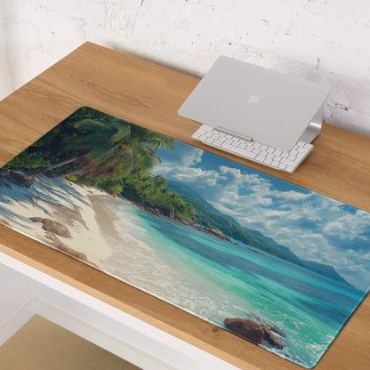 Tropical beach gaming mouse pad with turquoise ocean, sand, palms, non-slip base