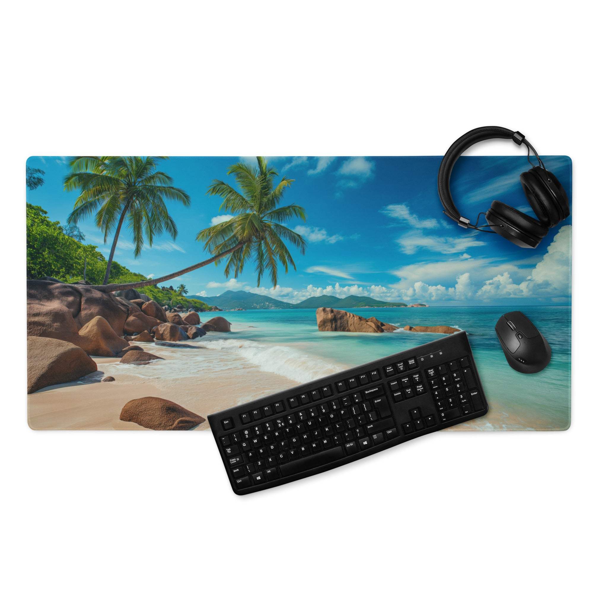 Vibrant tropical beach mousepad with palm trees, turquoise water, non-slip base