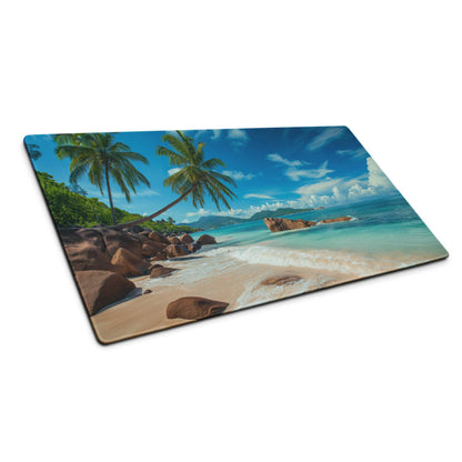 Beach scene glass cutting board with vibrant tropical blue sky print