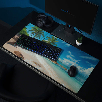 Vibrant tropical beach gaming mouse pad with blue sky, turquoise water, palm trees, non-slip base