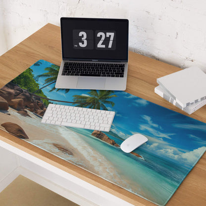 Vibrant tropical beach mouse pad with turquoise water, waves, palms, blue sky, non-slip base