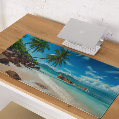 Vibrant tropical beach mousepad with turquoise water, palms, rocks, blue sky, non-slip base