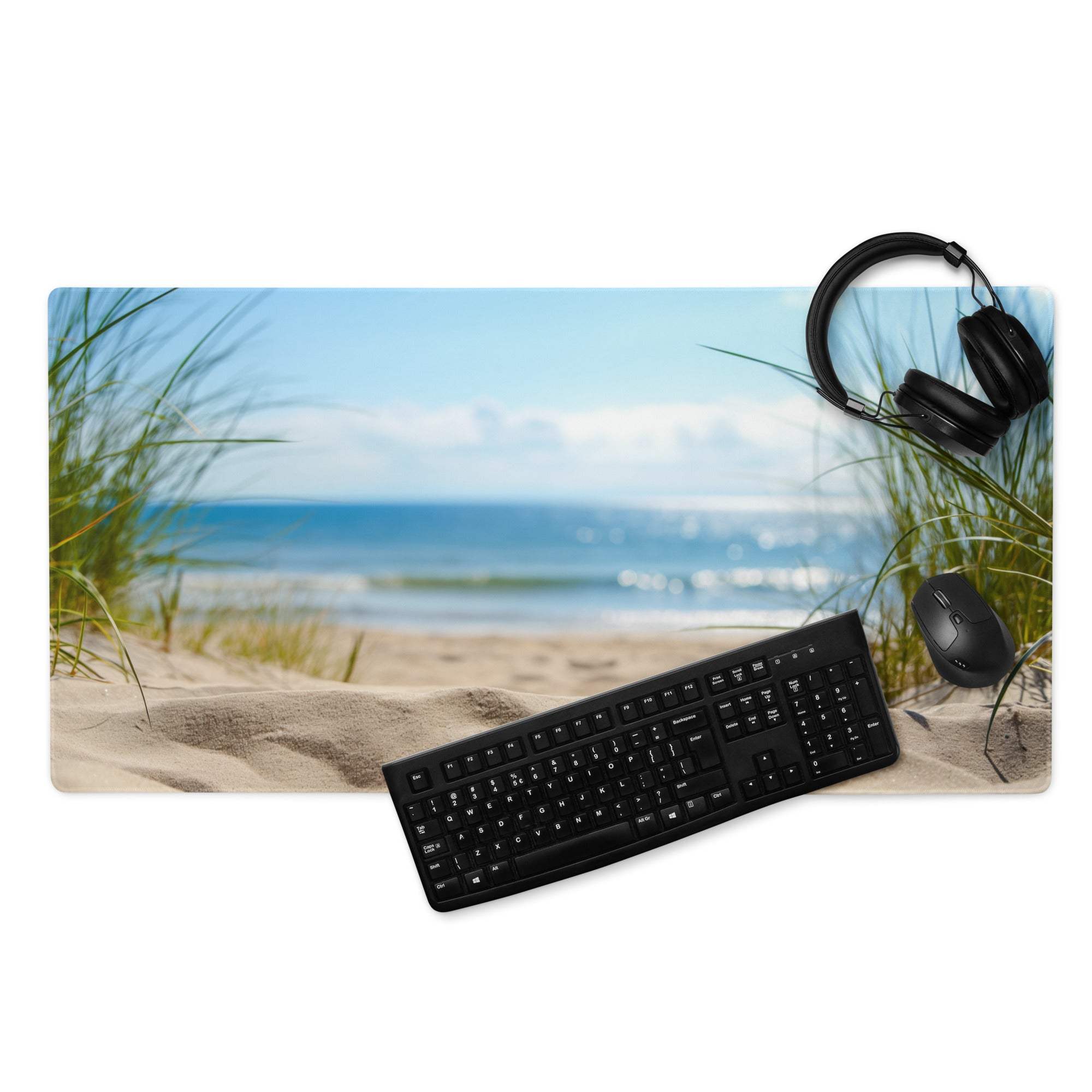 Large coastal beach scene gaming mouse pad with sand grass ocean non-slip base