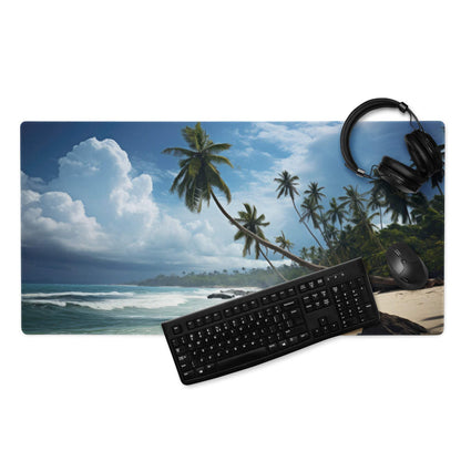 Vibrant tropical beach mouse pad with palm trees, waves, non-slip backing