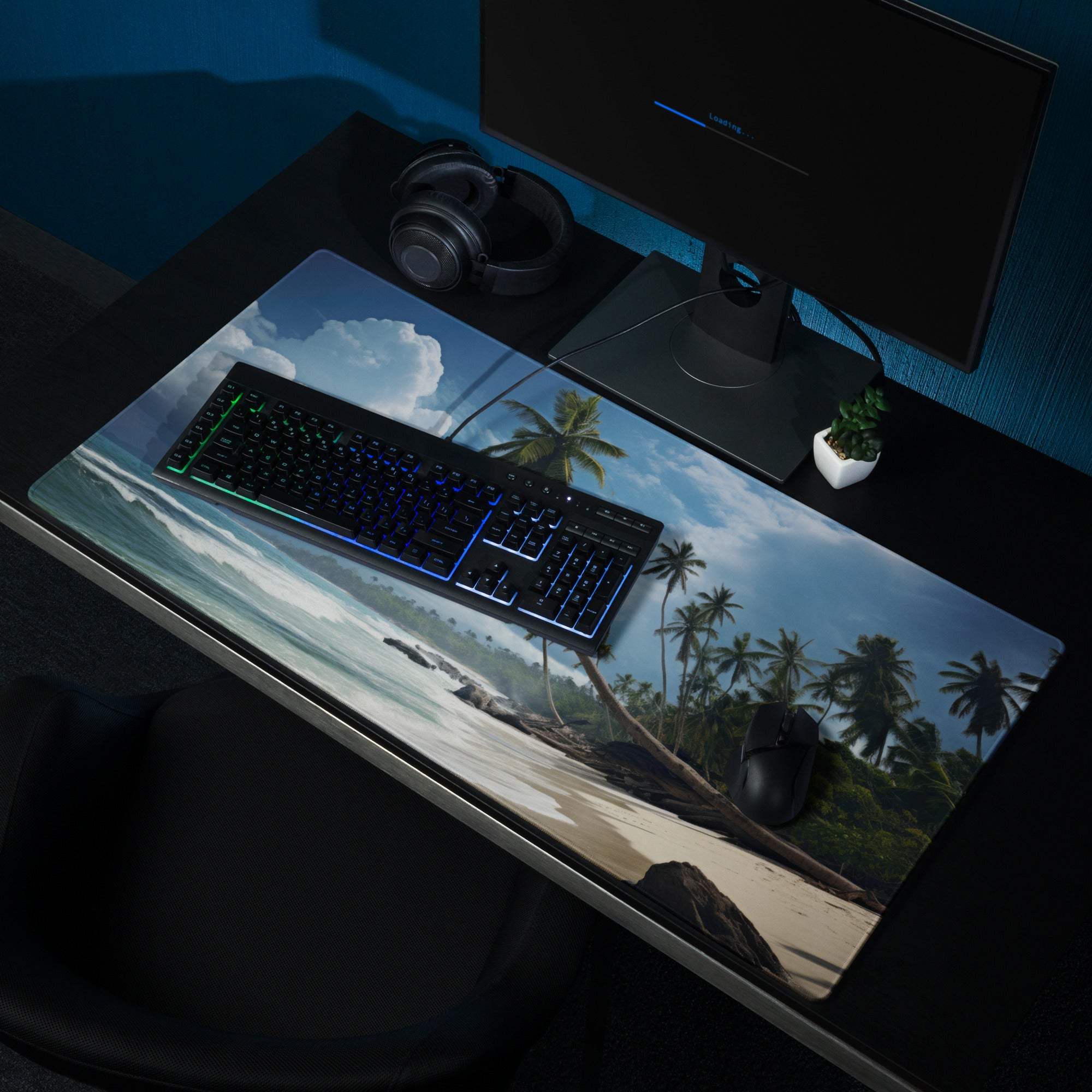 Vibrant tropical beach gaming mouse pad with palm trees, waves, non-slip backing