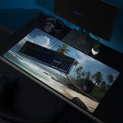 Vibrant tropical beach gaming mouse pad with palm trees, waves, non-slip backing