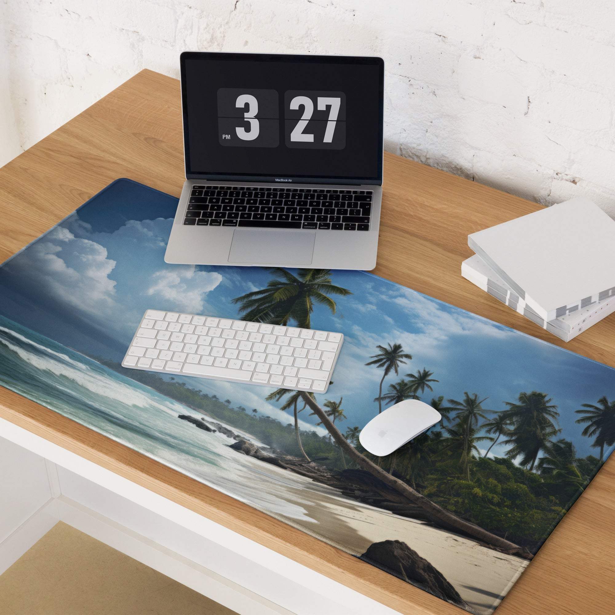 Vibrant tropical beach mouse pad with palm trees, waves, non-slip backing