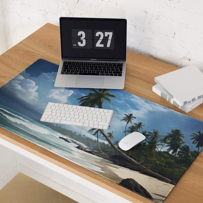 Vibrant tropical beach mouse pad with palm trees, waves, non-slip backing