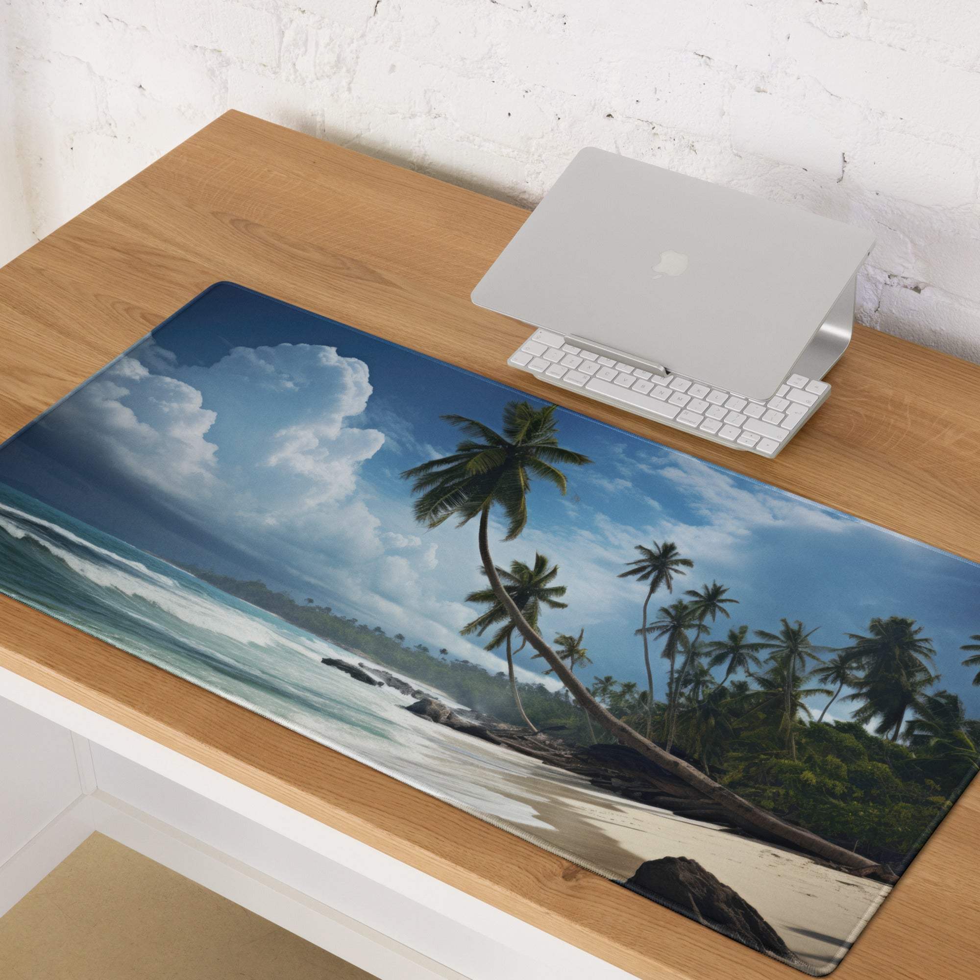 Vibrant tropical beach mouse pad with palm trees, turquoise waves, blue sky, non-slip backing