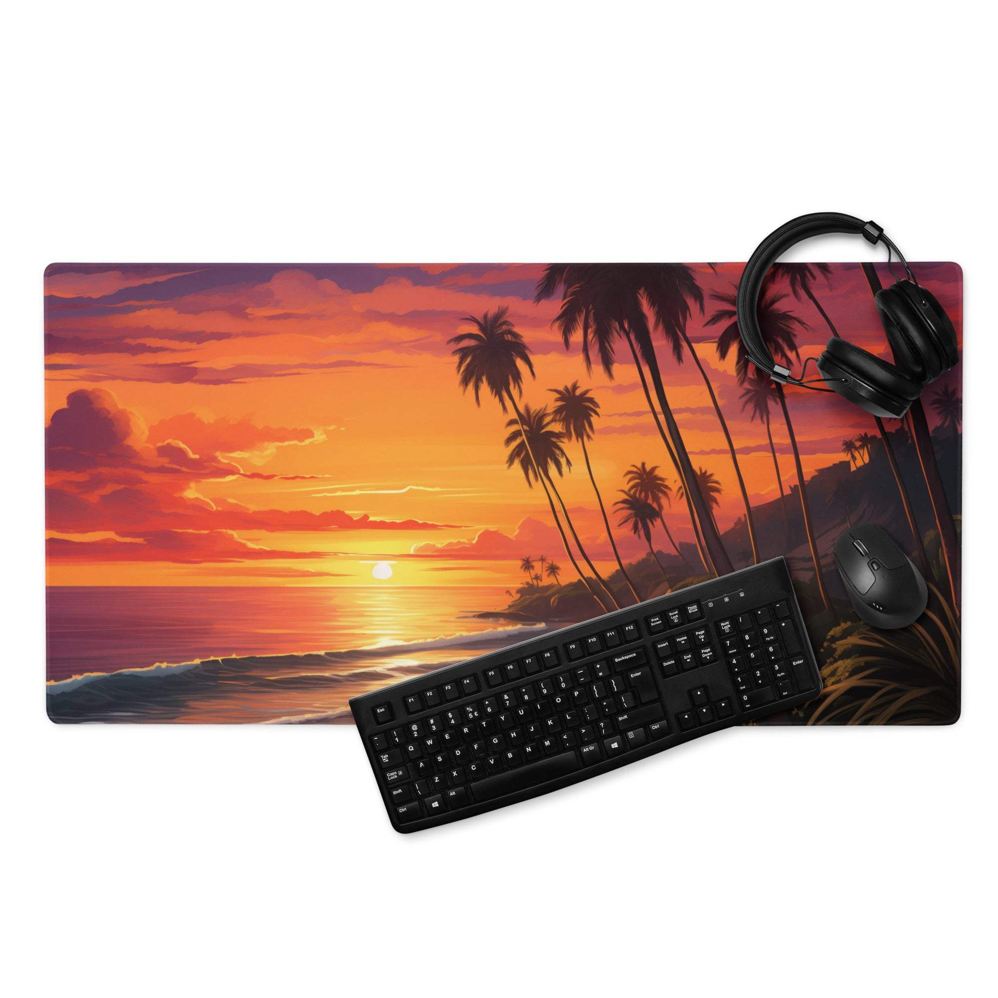 Large Sunset Beach Gaming Mouse Pad with Palm Trees, Keyboard, Headset