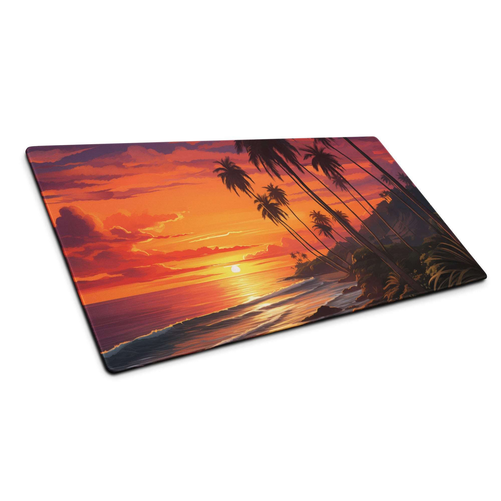 Large Sunset Beach gaming mouse pad with tropical sunset, palm trees, waves