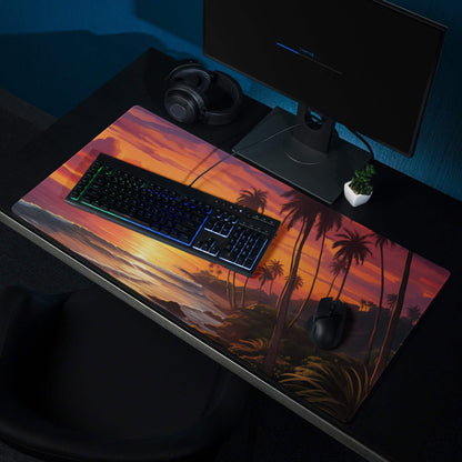 Vibrant Sunset Beach gaming mouse pad with palm trees, ocean waves, non-slip large design
