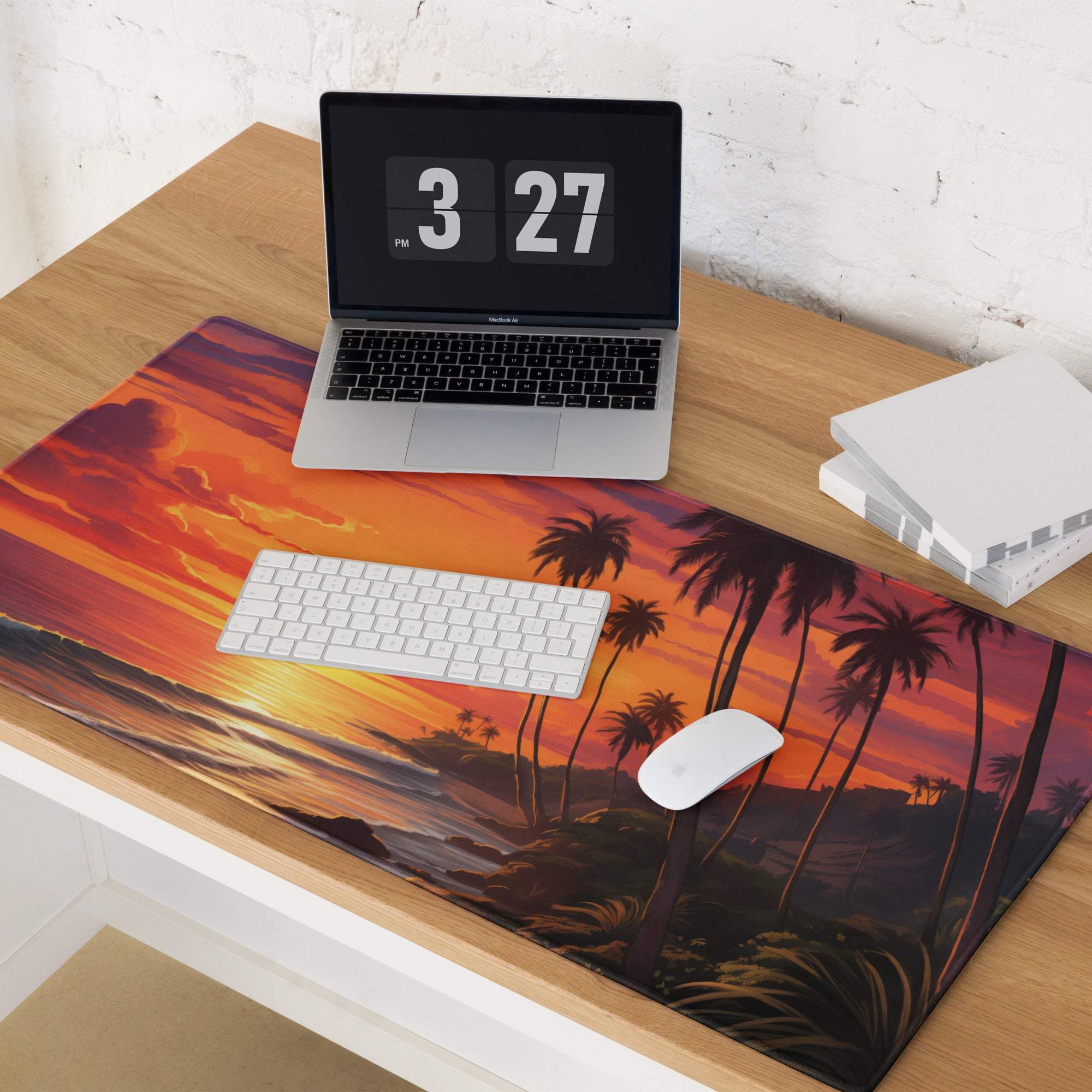 Vibrant sunset beach mousepad with palm trees, ocean horizon, non-slip large gaming pad