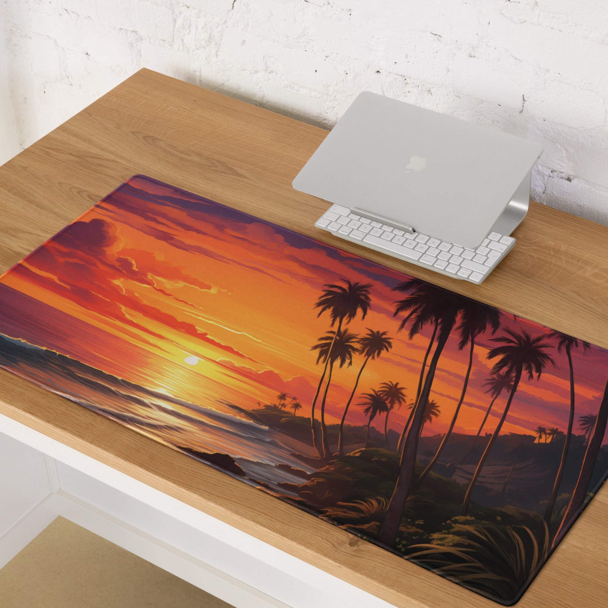 Vibrant sunset beach mousepad with palm trees, waves, non-slip large for Dota CSGO