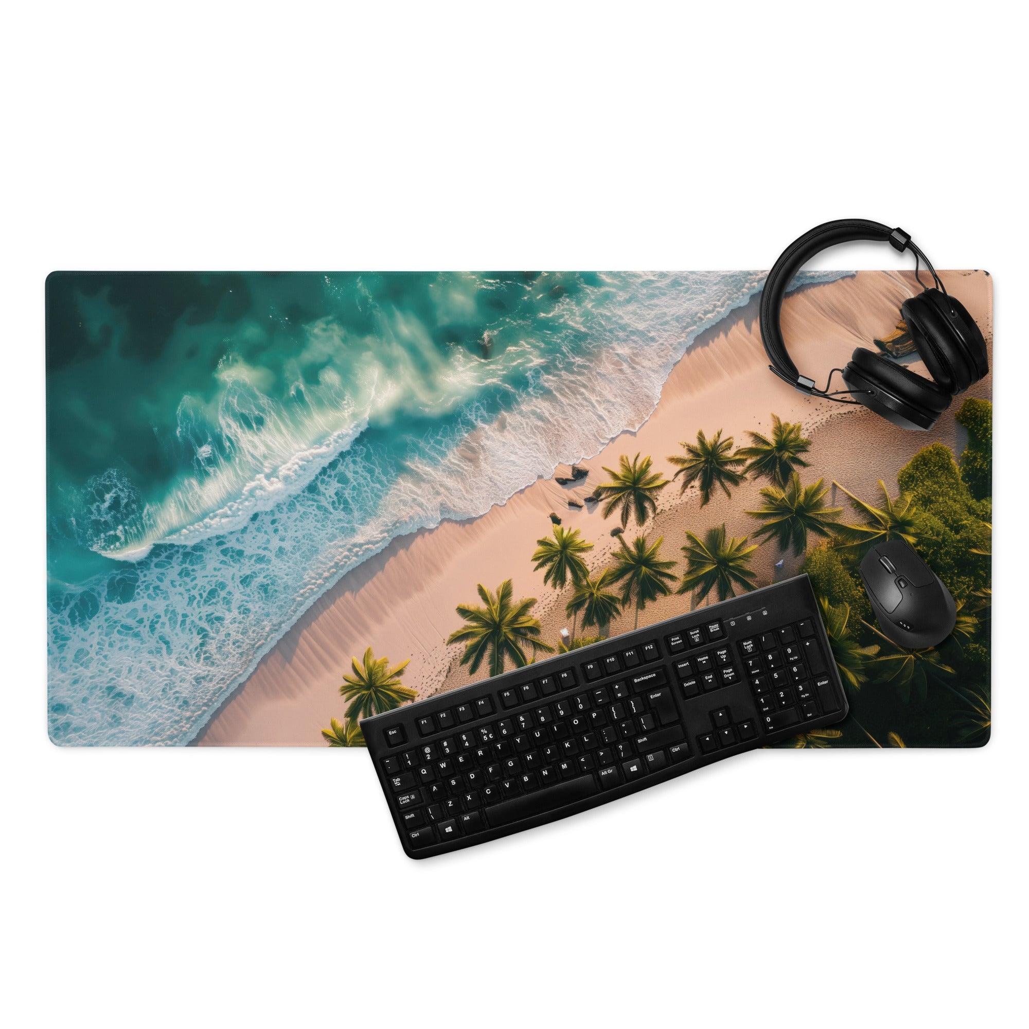 Vibrant tropical beach scene gaming mouse pad with aerial turquoise waves and palm trees
