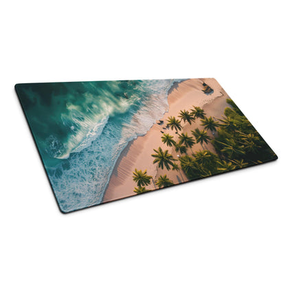 Vibrant tropical beach mouse pad with turquoise waves on pink sand and palms