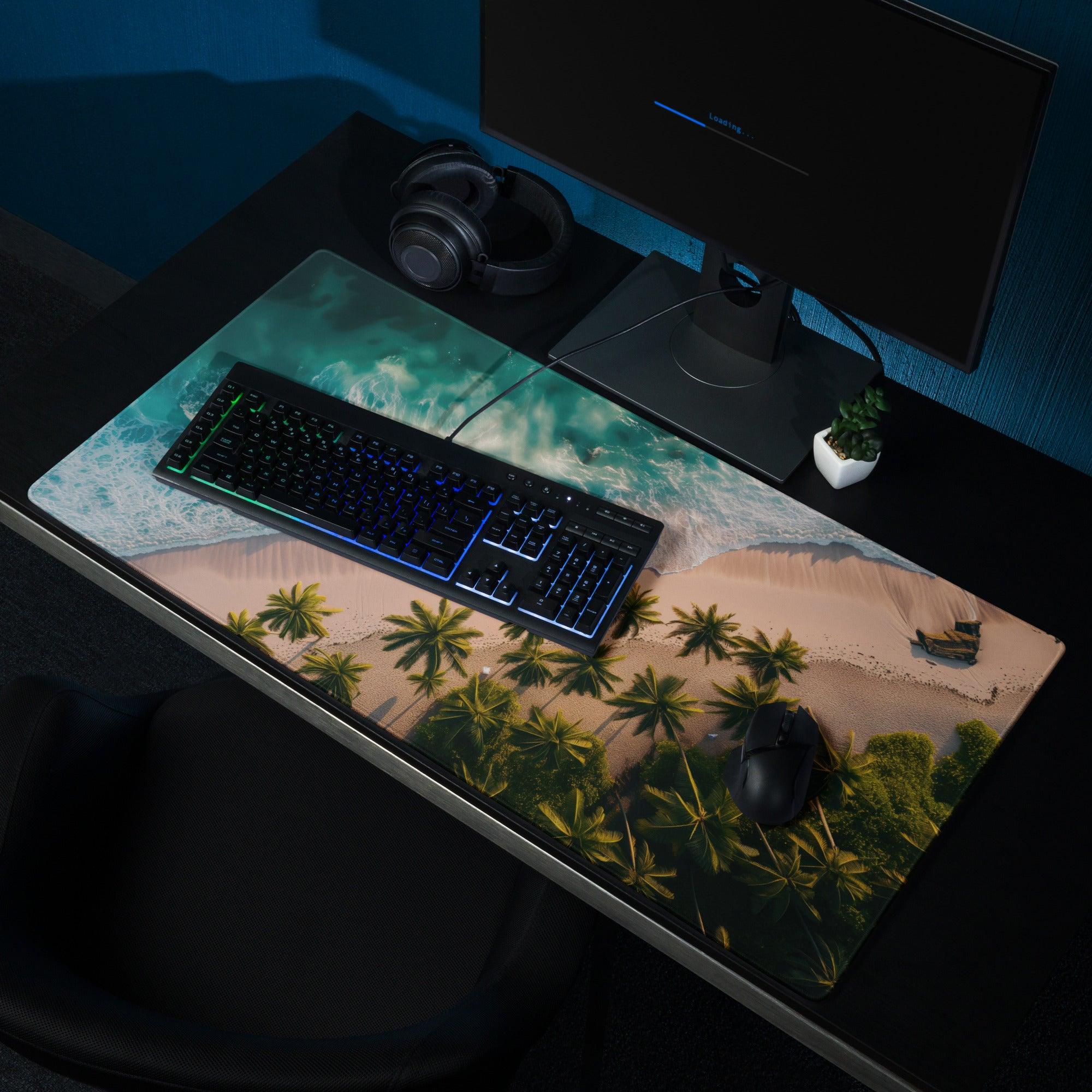 Vibrant tropical beach gaming mouse pad with non-slip base and stitched edges