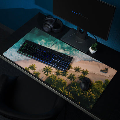 Vibrant tropical beach gaming mouse pad with non-slip base and stitched edges