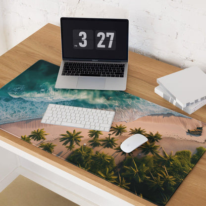 Vibrant tropical beach gaming mouse pad with turquoise ocean, sand, palms, non-slip base