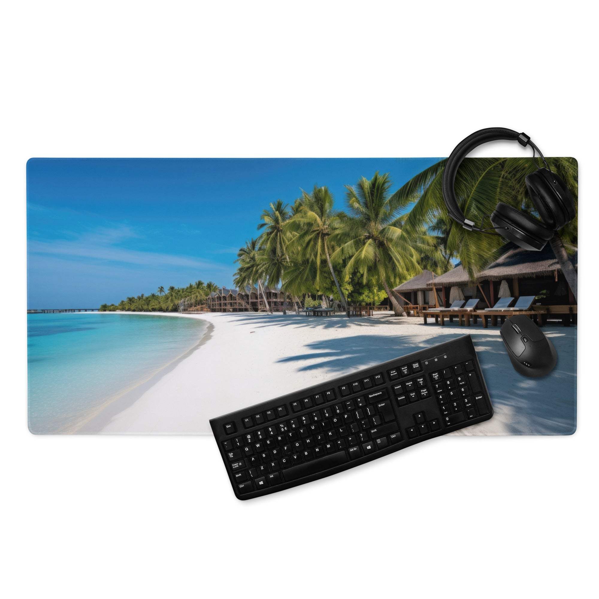 Black keyboard and mouse on Vibrant Beach Paradise large gaming mousepad