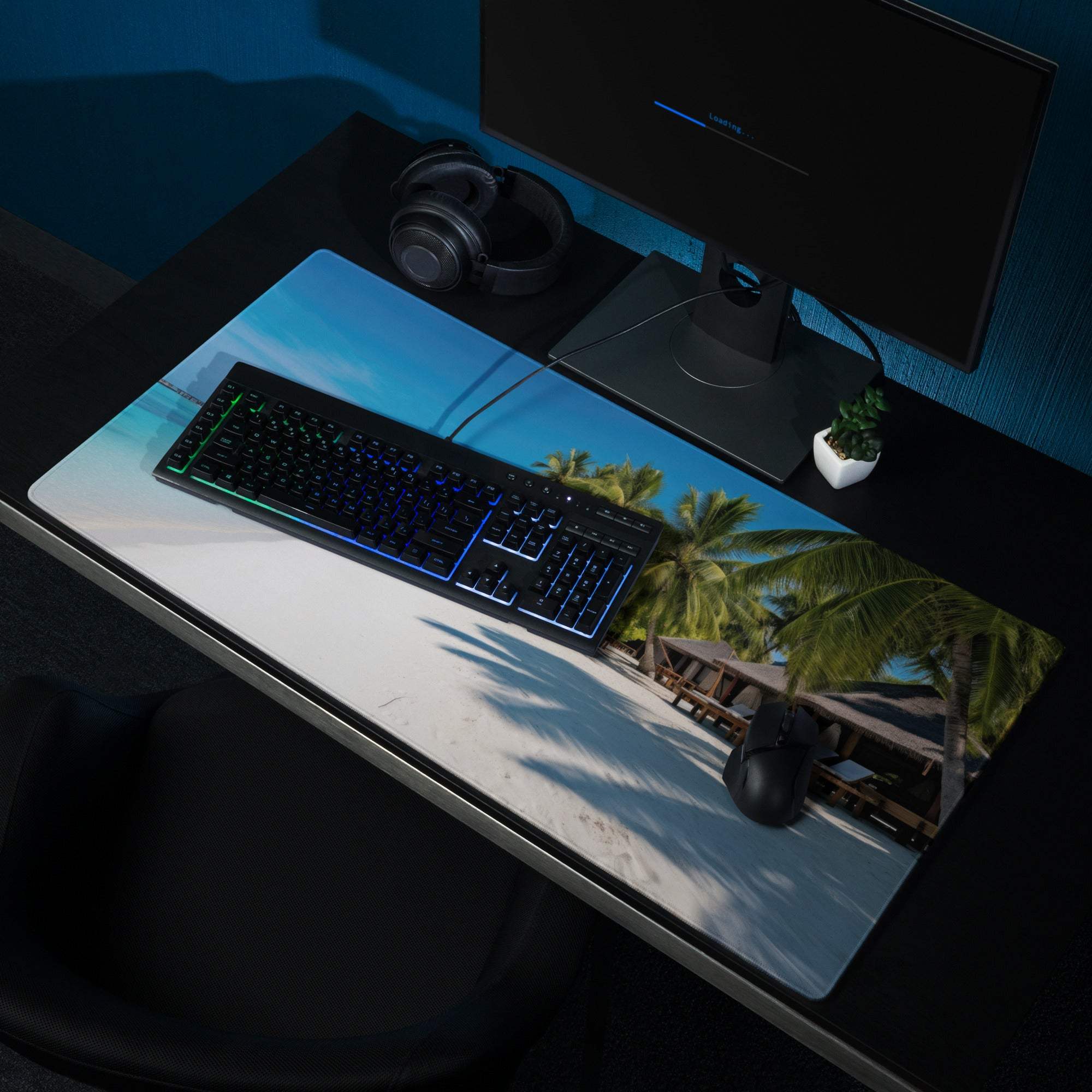 Vibrant beach paradise large gaming mouse pad with palm trees and shore