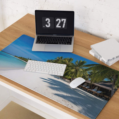 Vibrant blue tropical beach mousepad with palm trees, turquoise water, non-slip large gaming design